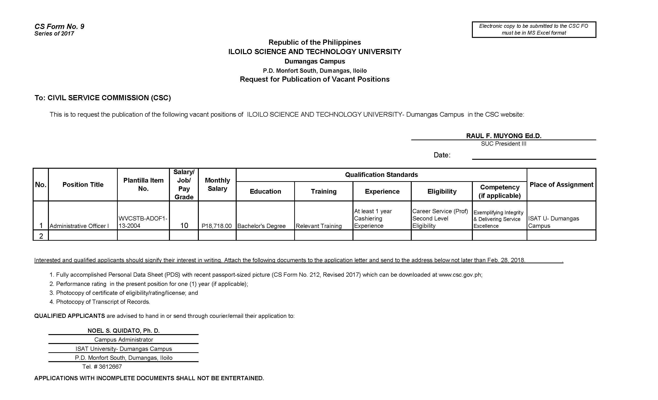 CSC Form 9 ISAT U, Dumangas request for publication vacant position ...